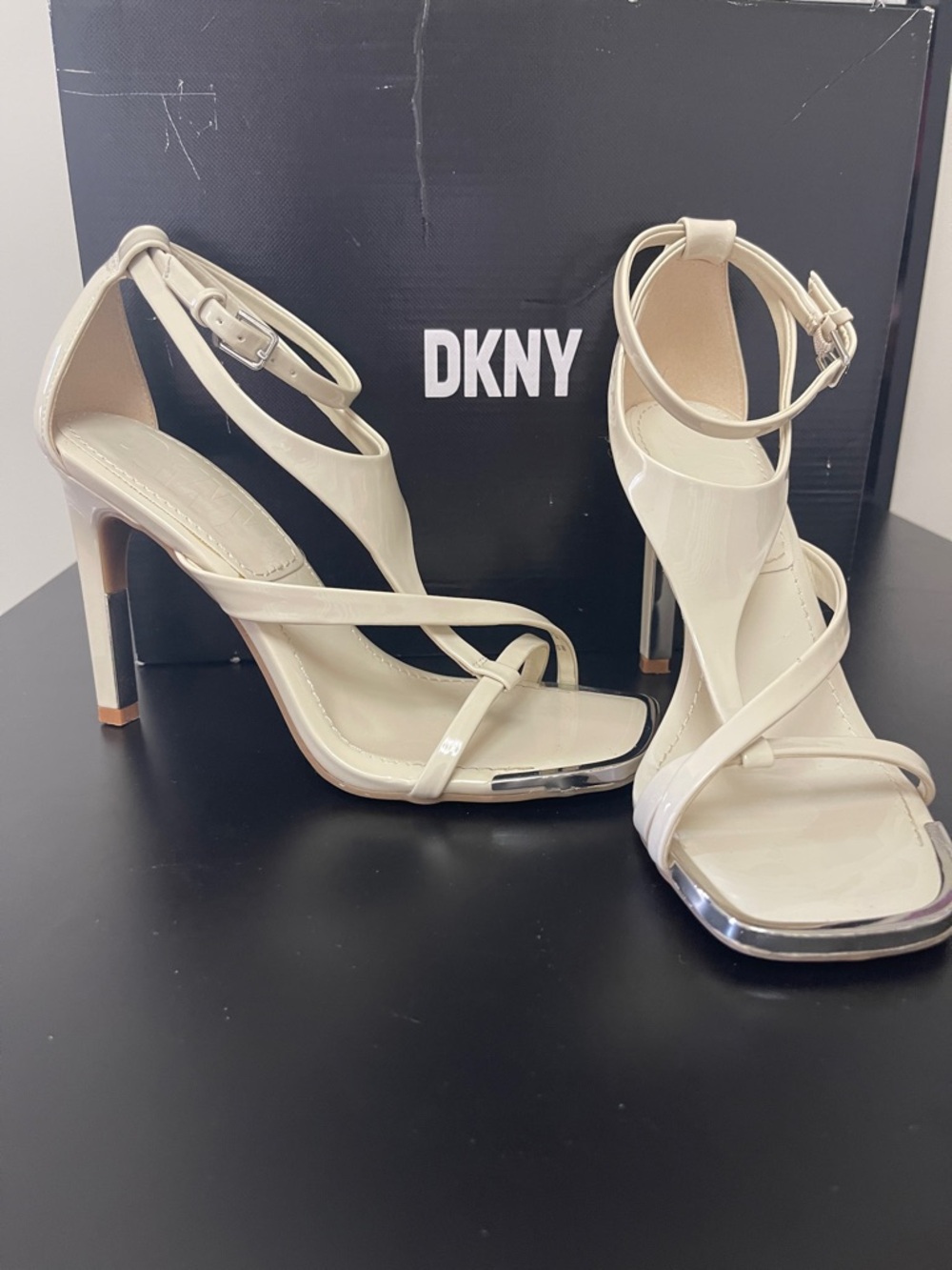 DKNY Cream Patent Strappy Ankle Strap Heels